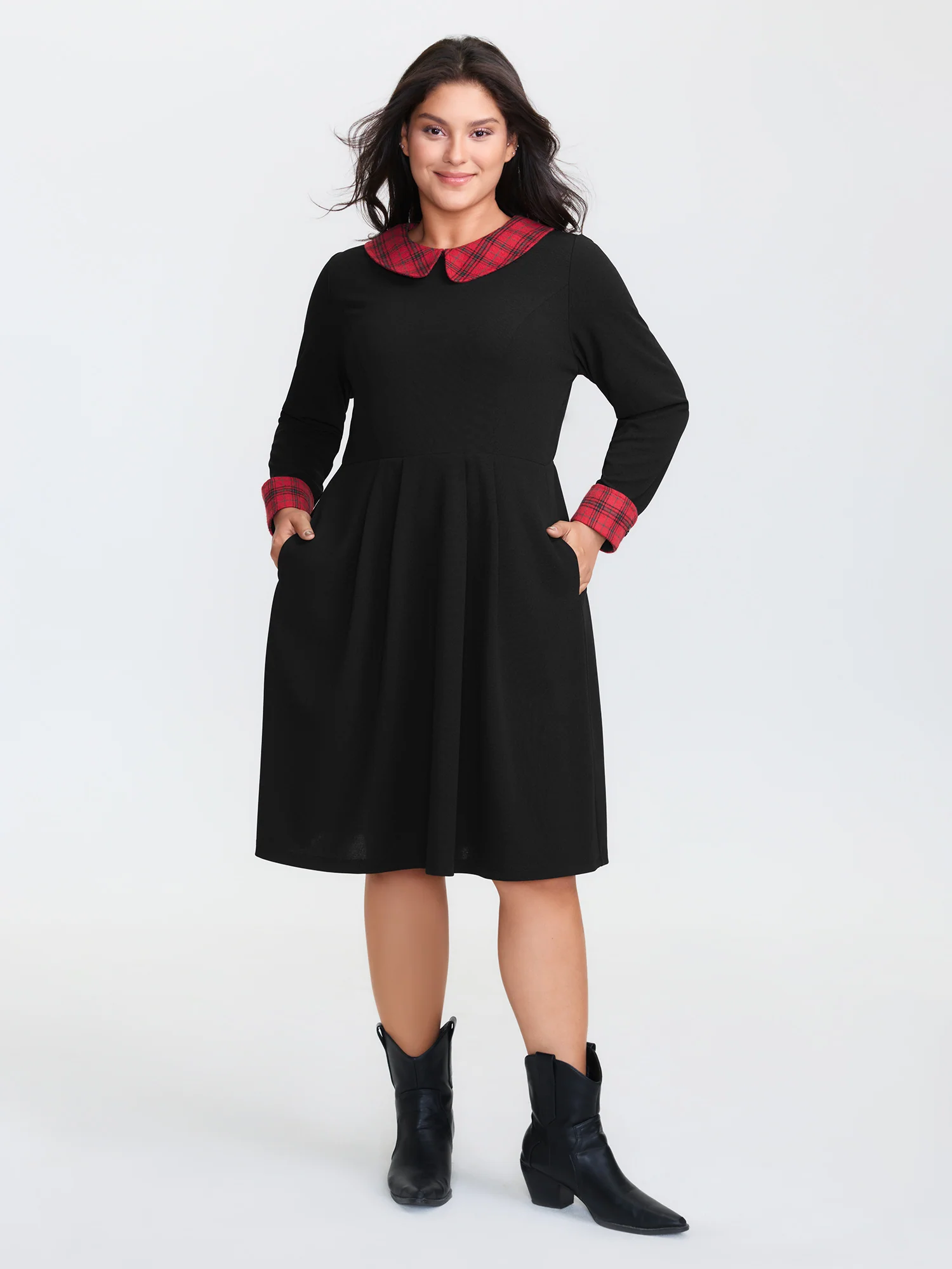 Plaid Collar Pleated Stretchy Waist Midi Dress - Image 8