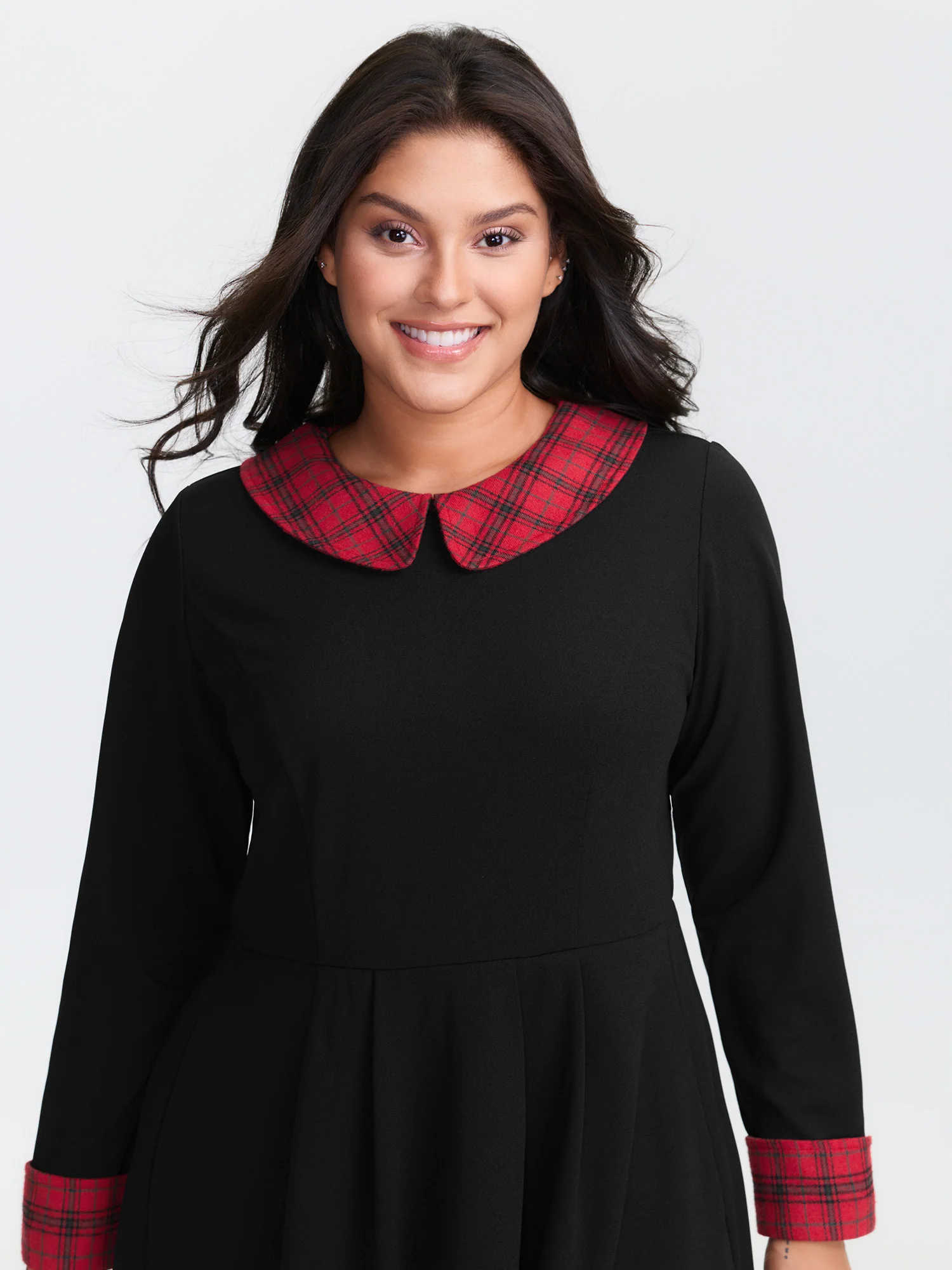 Plaid Collar Pleated Stretchy Waist Midi Dress - Image 9