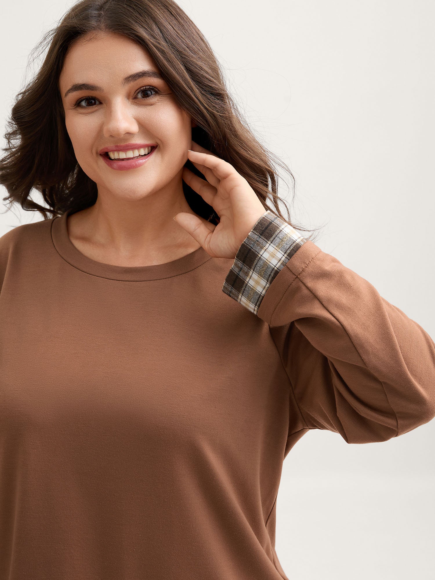Plaid Color Contrast Spliced Sweatshirt - Image 2