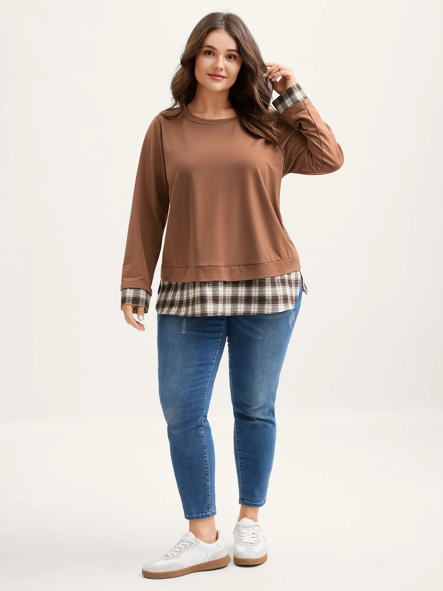 Plaid Color Contrast Spliced Sweatshirt - Image 3