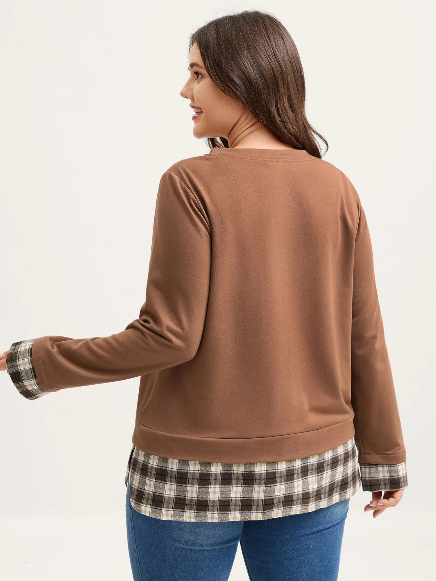 Plaid Color Contrast Spliced Sweatshirt - Image 4
