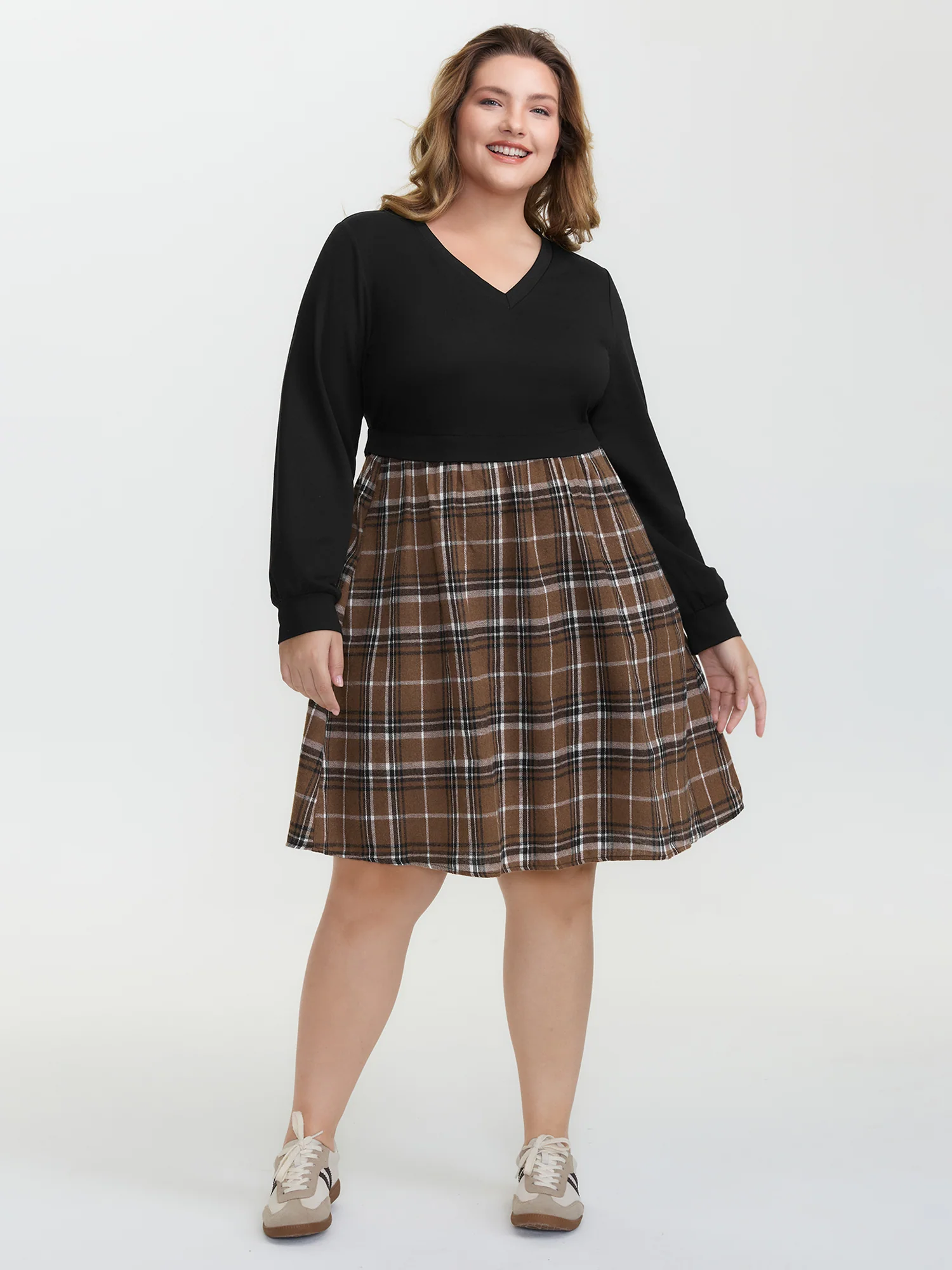 Plaid Color Contrast Stretchy Knee-Length Dress - Image 3