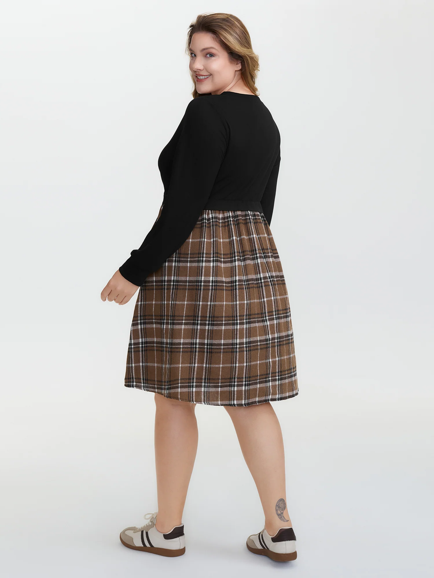 Plaid Color Contrast Stretchy Knee-Length Dress - Image 6