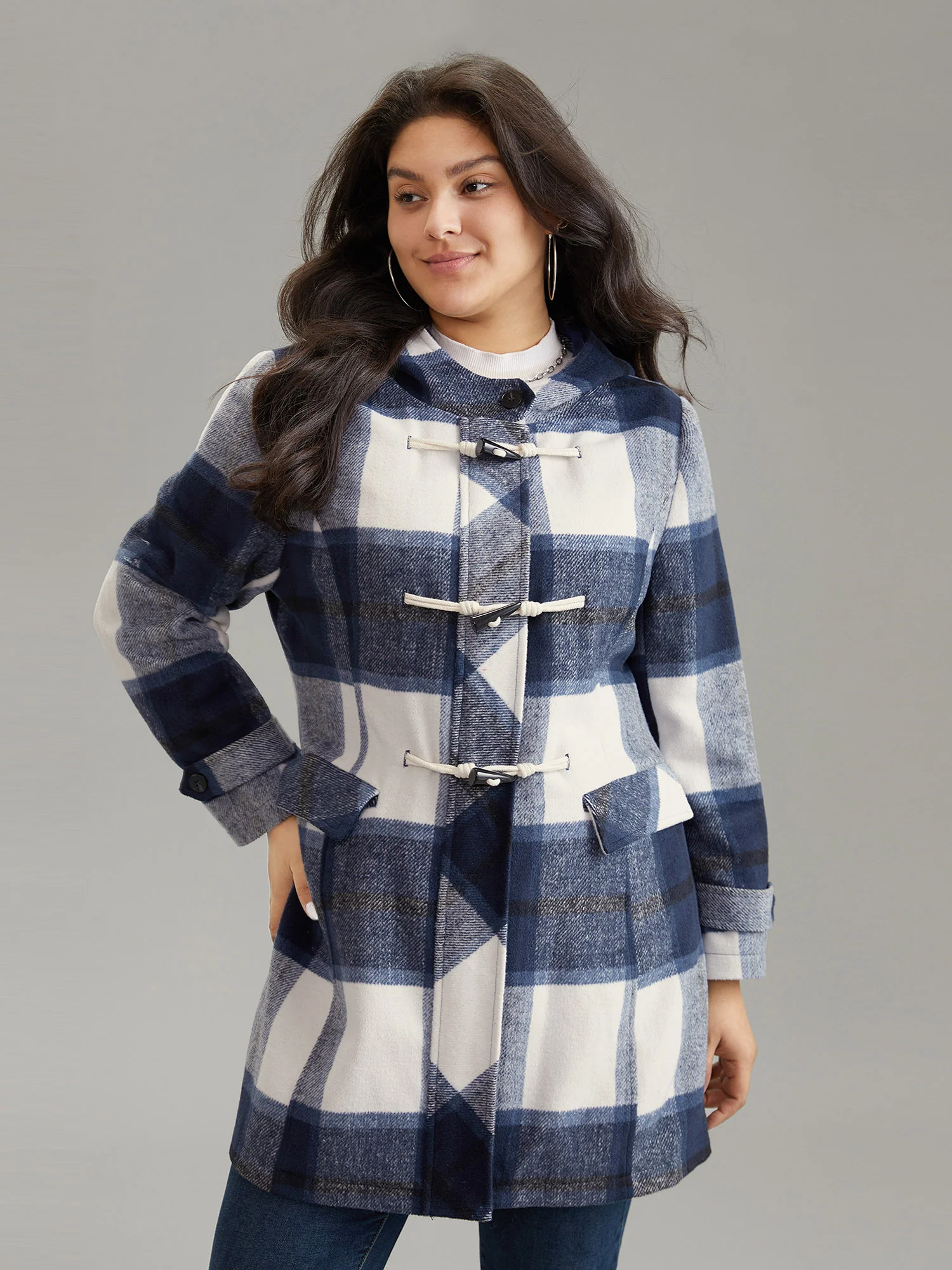 Plaid Hooded Duffle Button Zipper Coat