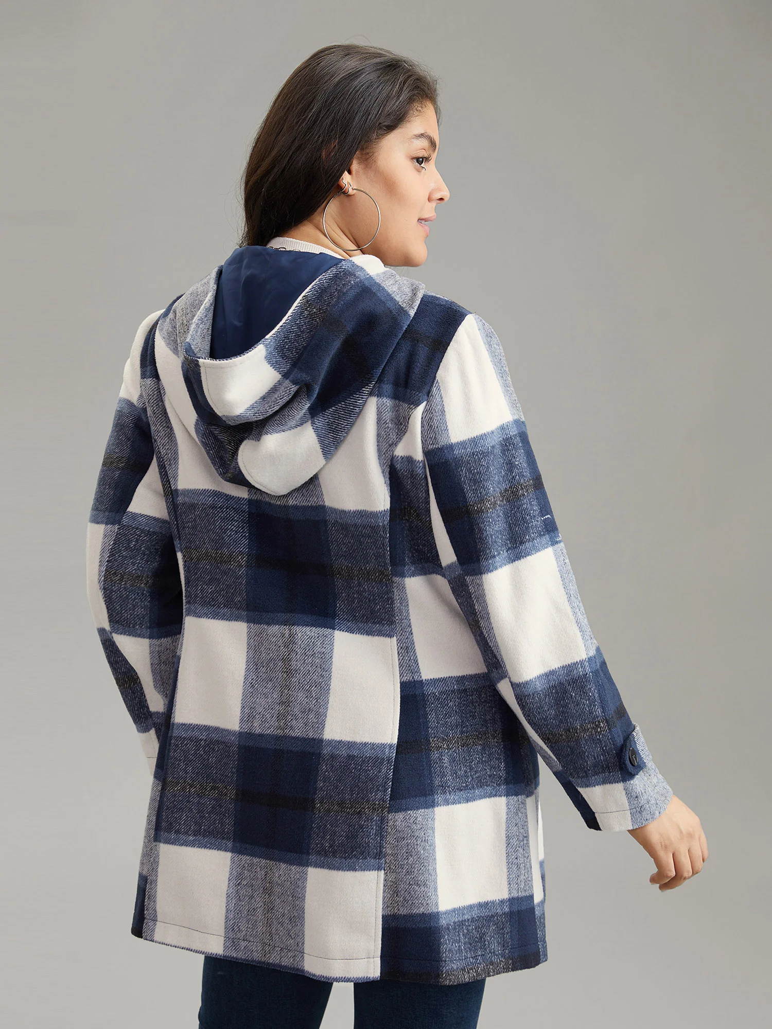 Plaid Hooded Duffle Button Zipper Coat - Image 2
