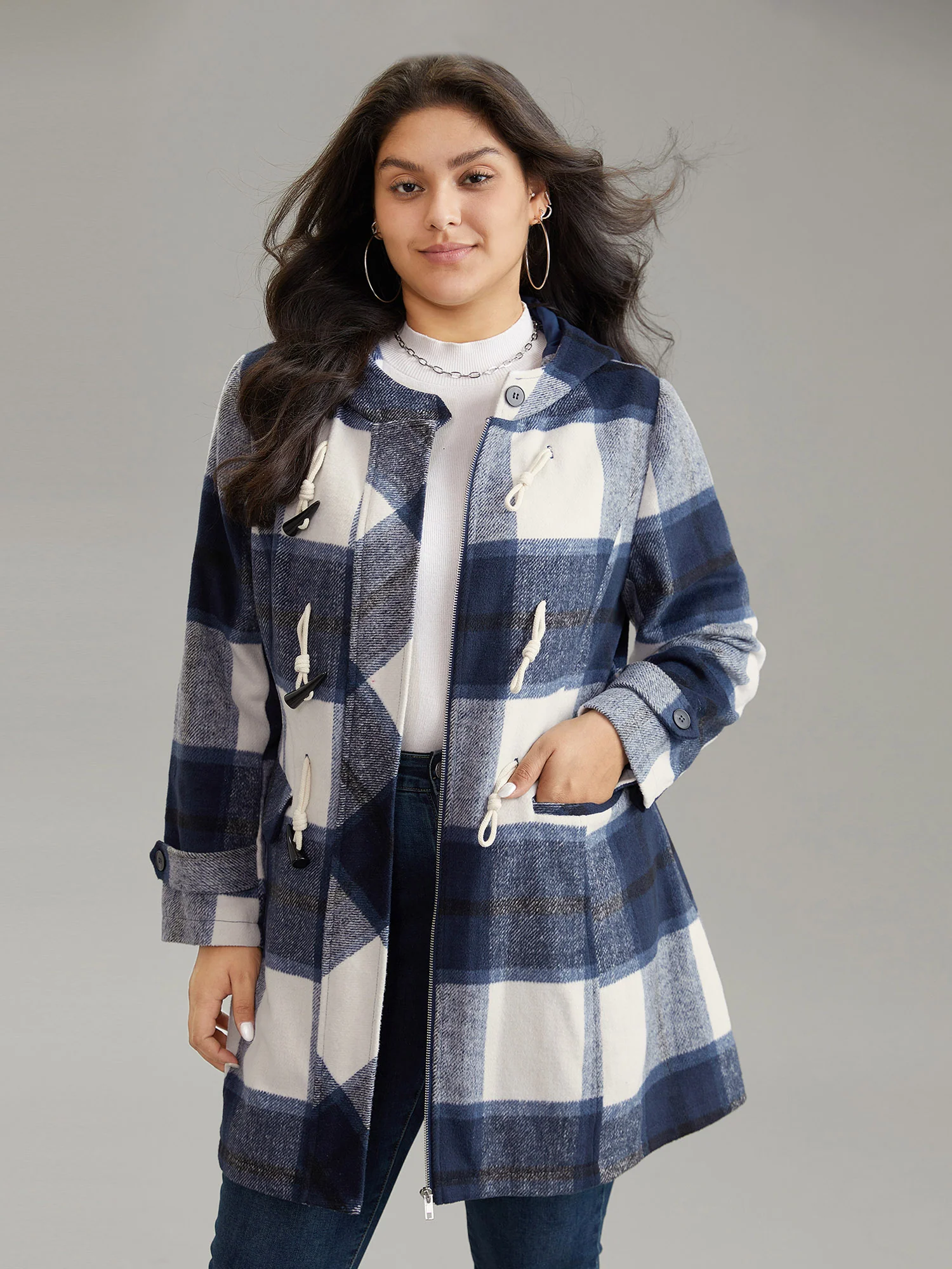 Plaid Hooded Duffle Button Zipper Coat - Image 3