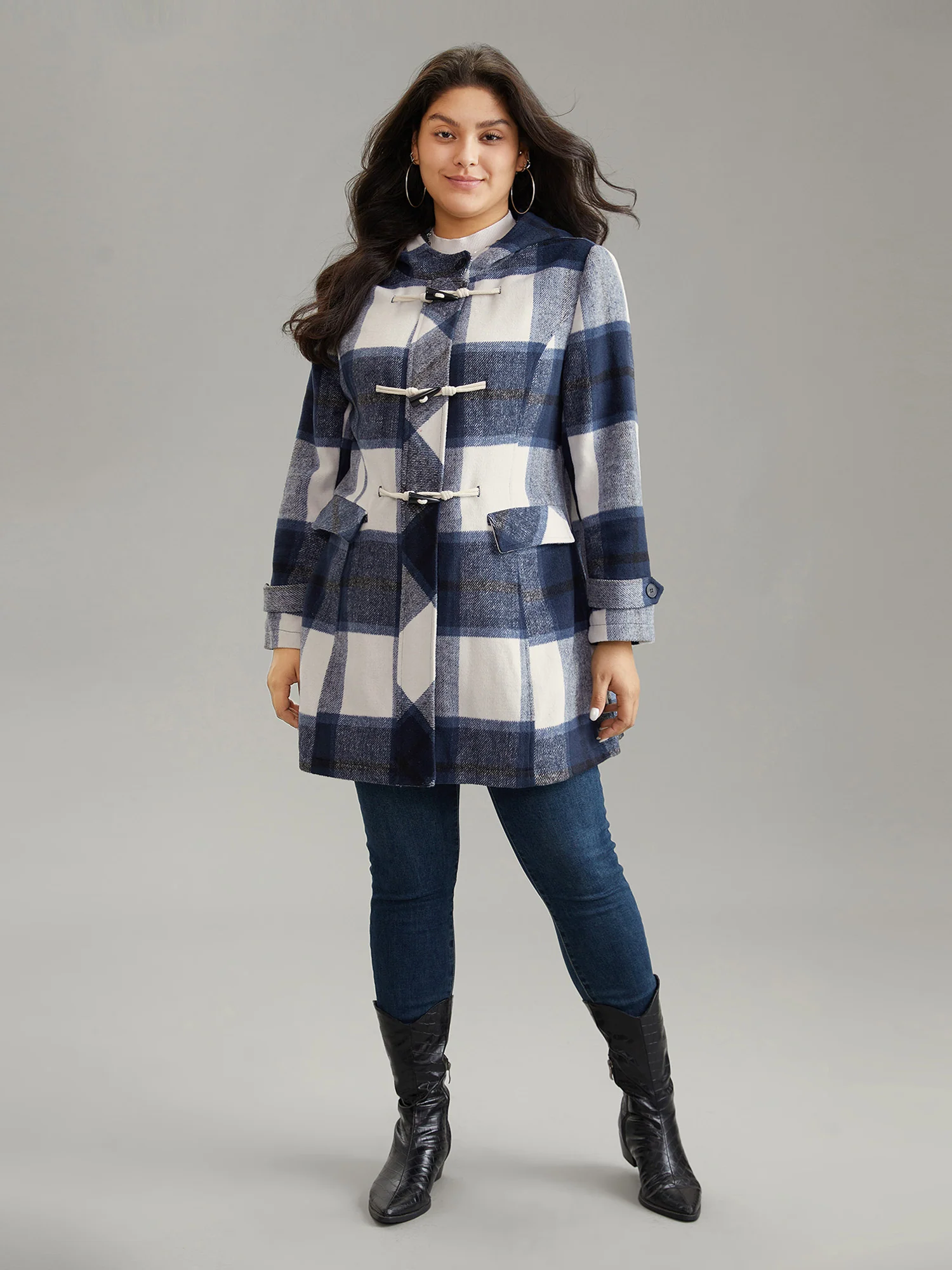 Plaid Hooded Duffle Button Zipper Coat - Image 4
