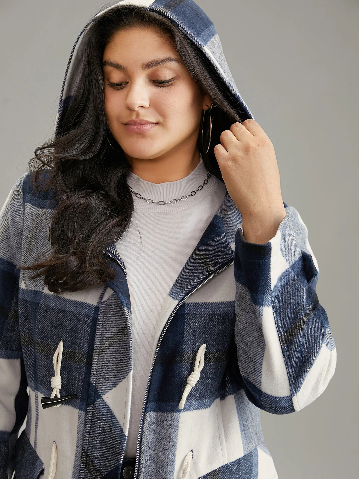 Plaid Hooded Duffle Button Zipper Coat - Image 5