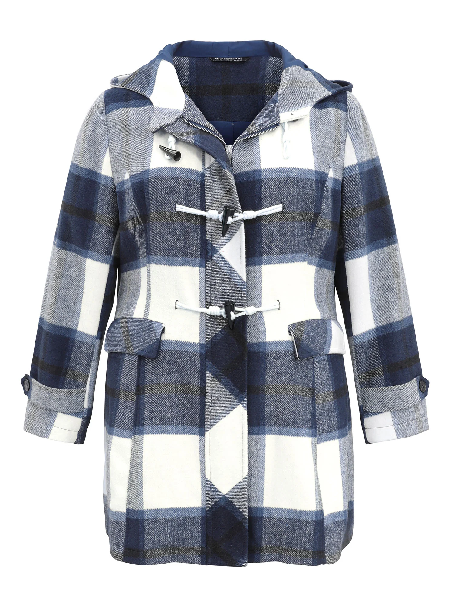 Plaid Hooded Duffle Button Zipper Coat - Image 6