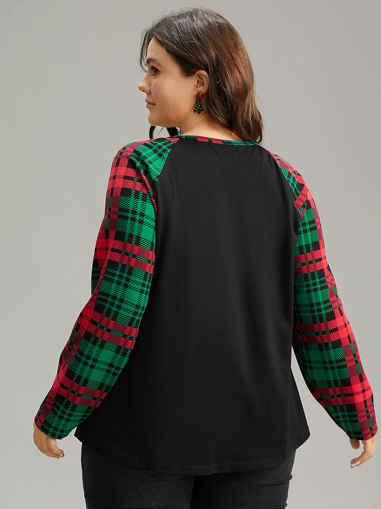 Plaid Contrast Notched Raglan Sleeve T-shirt - Image 2