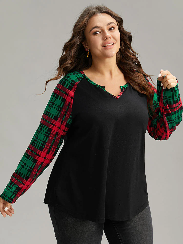 Plaid Contrast Notched Raglan Sleeve T-shirt - Image 3