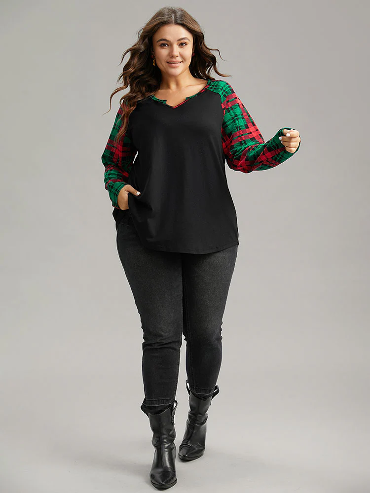 Plaid Contrast Notched Raglan Sleeve T-shirt - Image 4