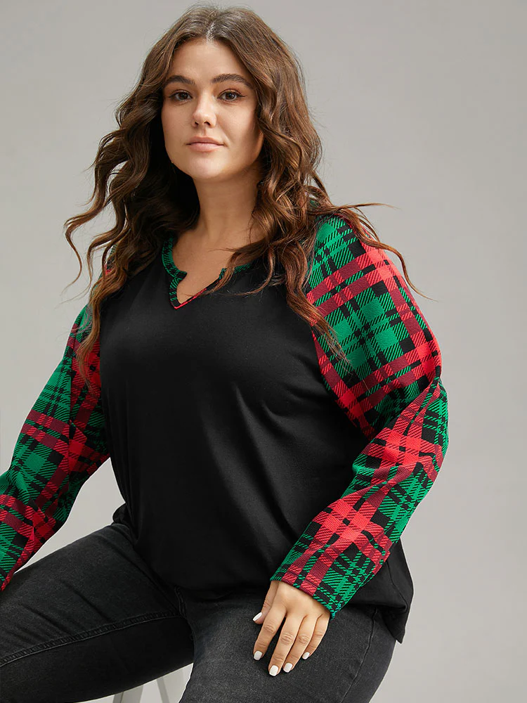Plaid Contrast Notched Raglan Sleeve T-shirt - Image 5