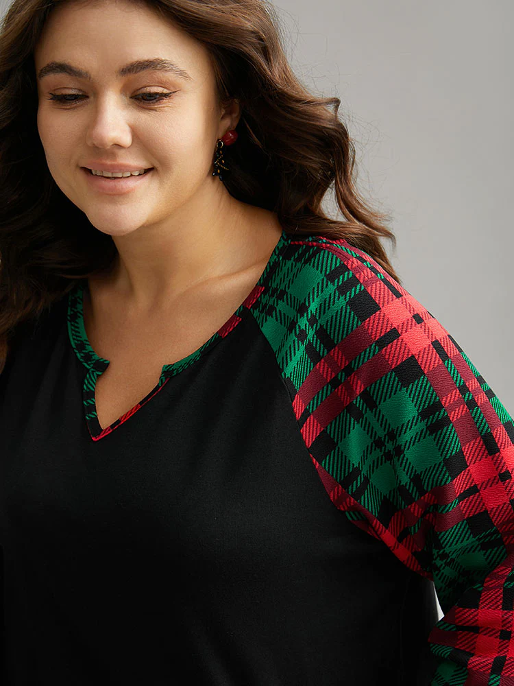 Plaid Contrast Notched Raglan Sleeve T-shirt - Image 6