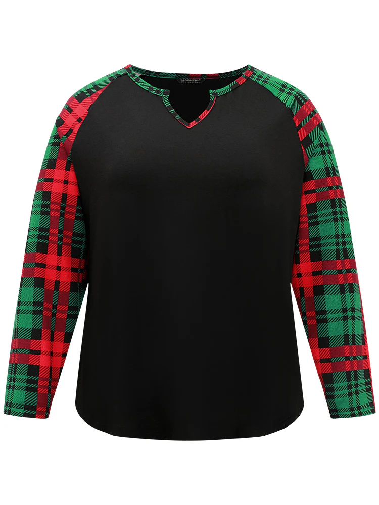 Plaid Contrast Notched Raglan Sleeve T-shirt - Image 7