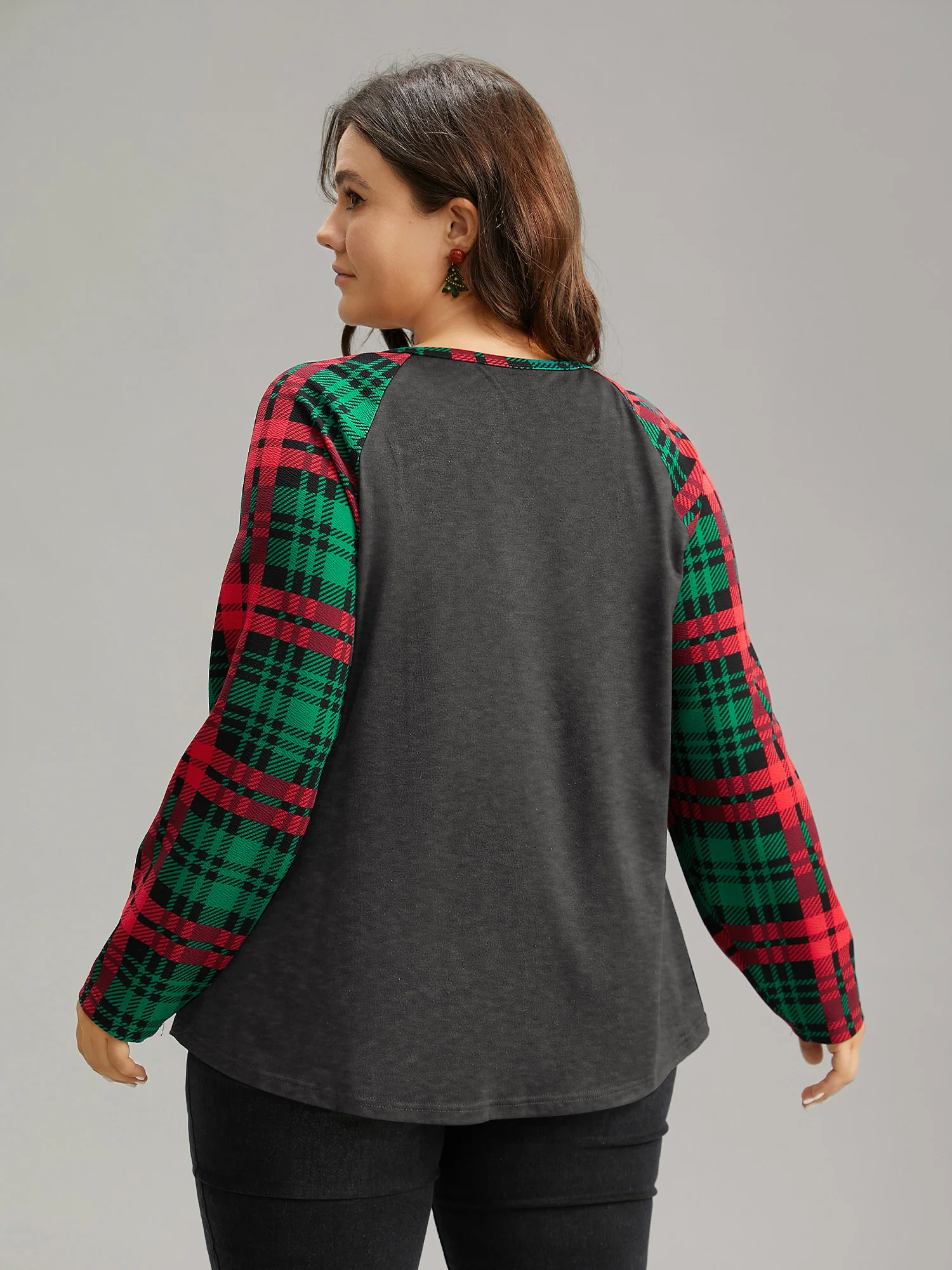 Plaid Contrast Notched Raglan Sleeve T-shirt - Image 9