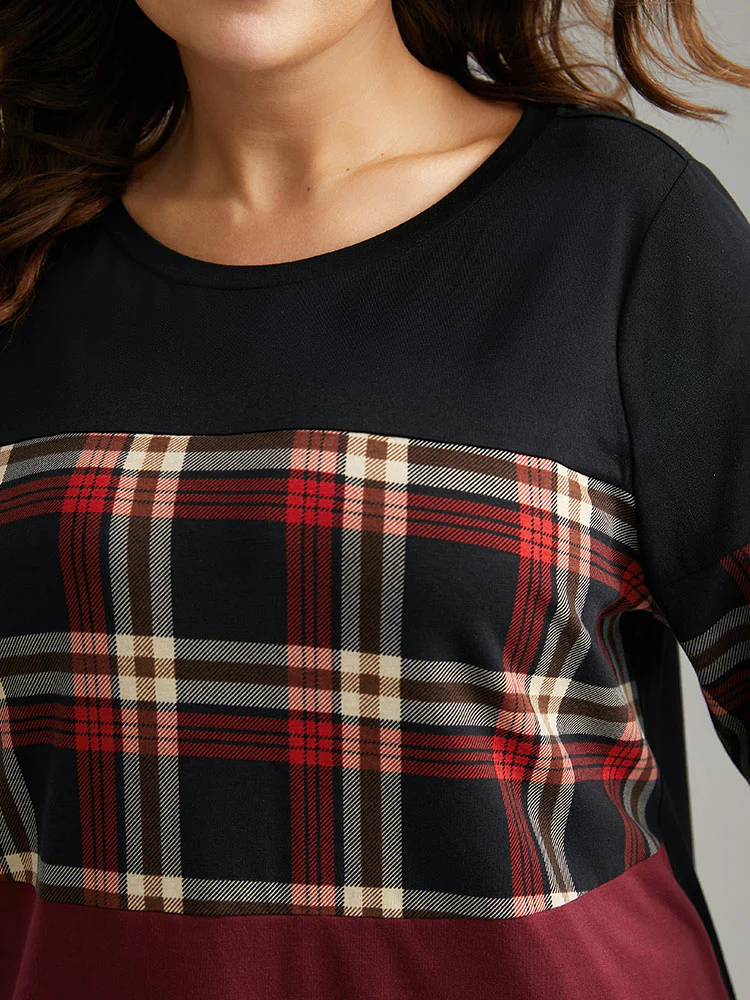 Plaid Contrast Patchwork Round Neck T-shirt - Image 10