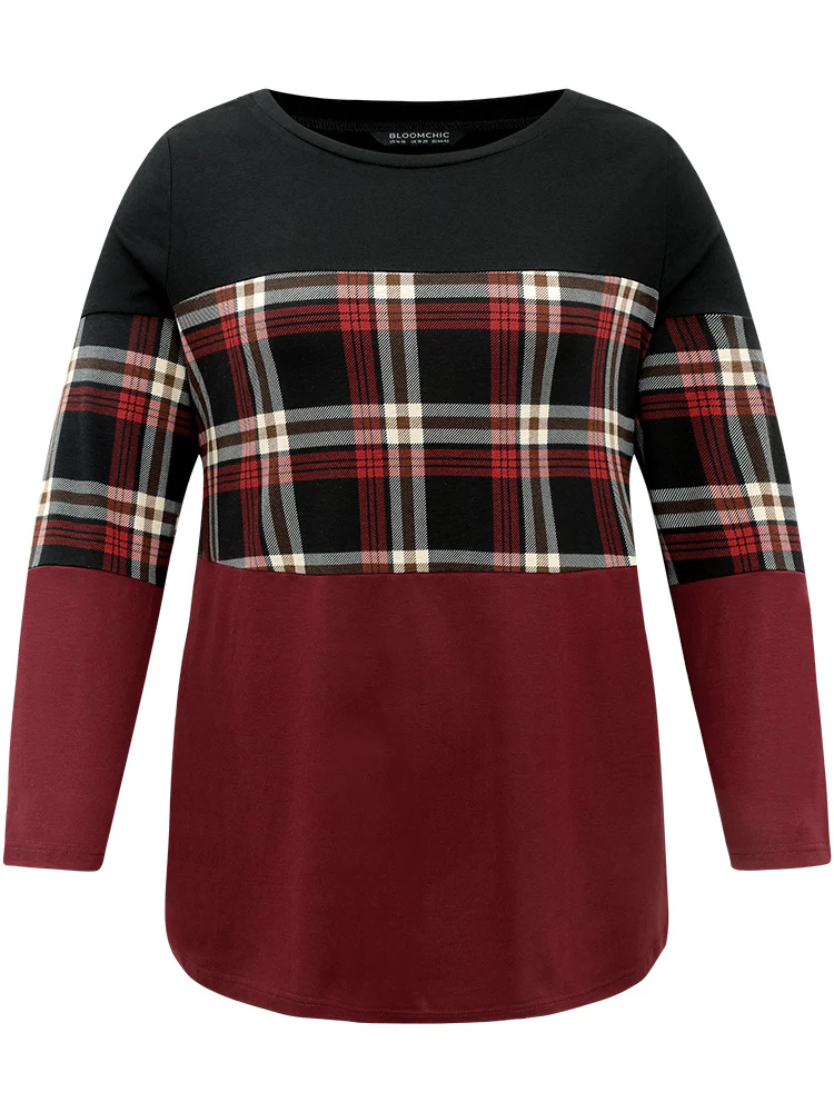 Plaid Contrast Patchwork Round Neck T-shirt - Image 11