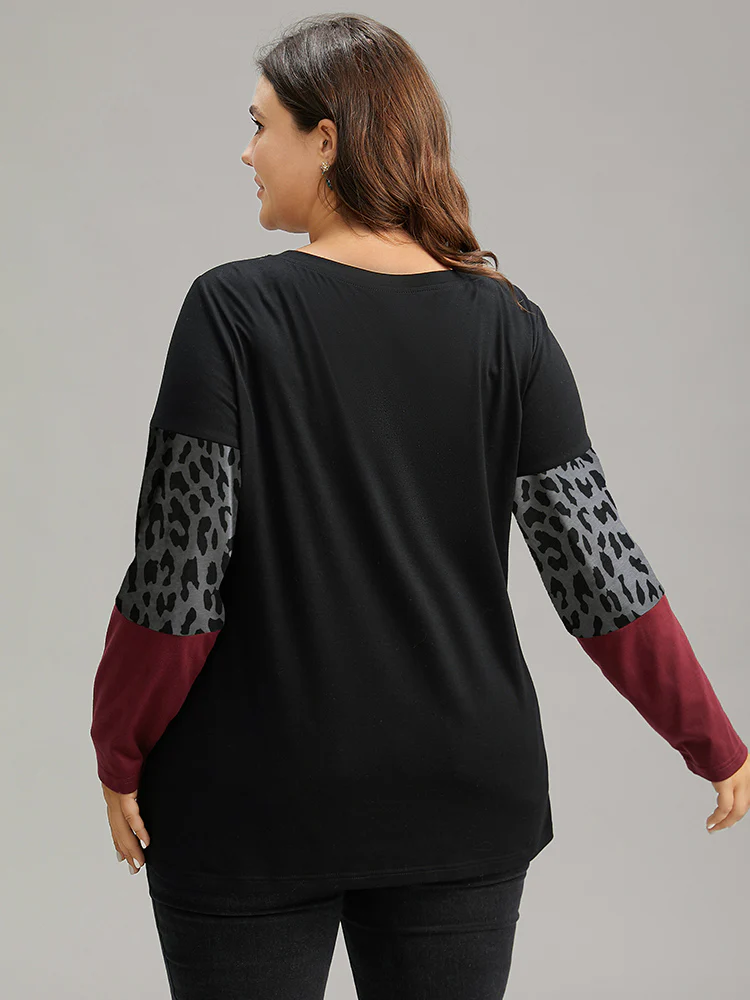 Plaid Contrast Patchwork Round Neck T-shirt - Image 2