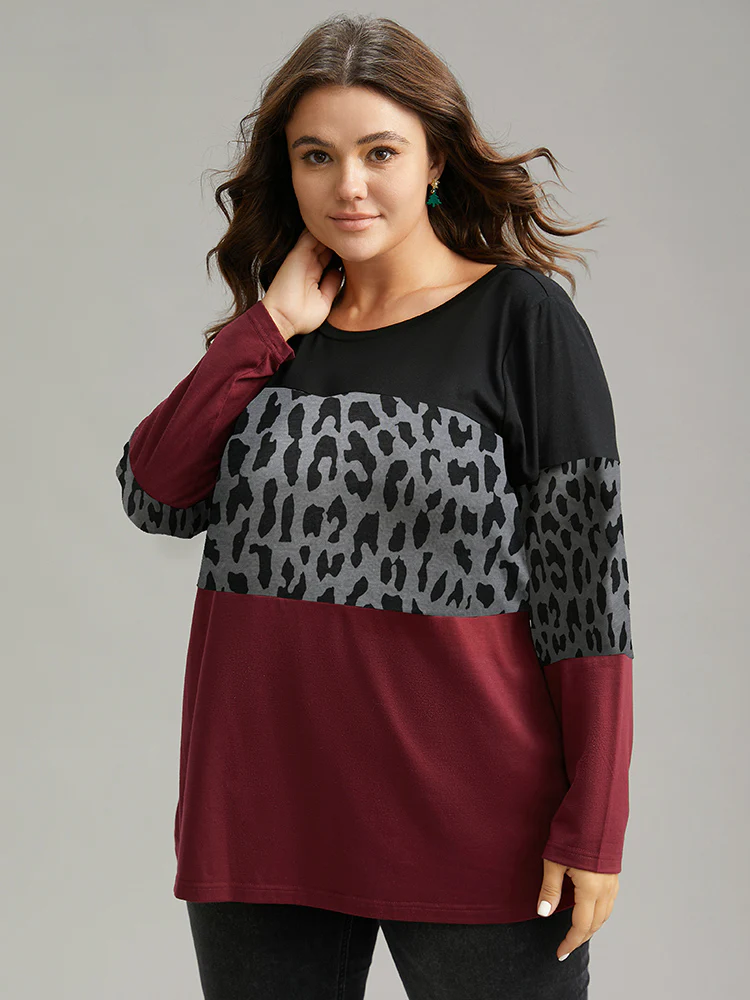 Plaid Contrast Patchwork Round Neck T-shirt - Image 3