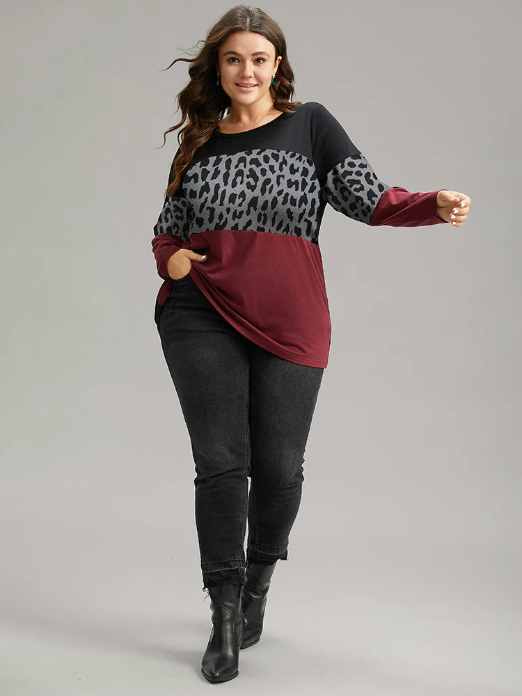 Plaid Contrast Patchwork Round Neck T-shirt - Image 4