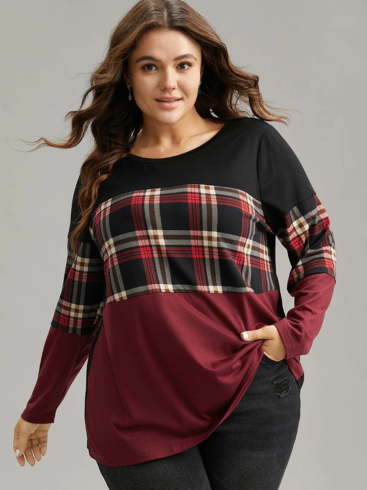 Plaid Contrast Patchwork Round Neck T-shirt - Image 5