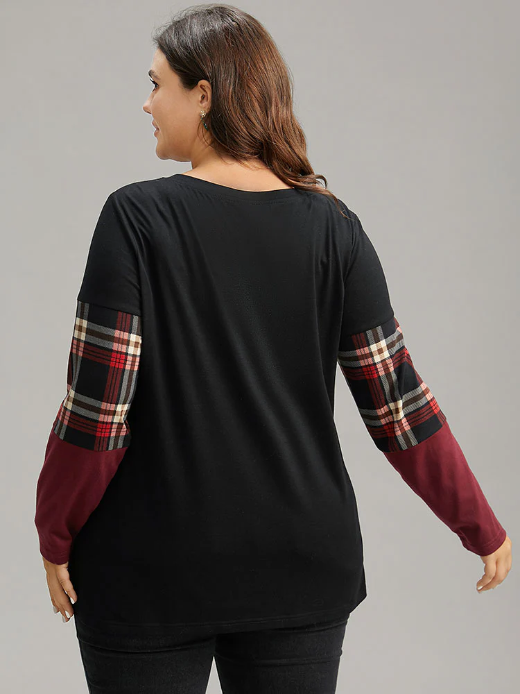 Plaid Contrast Patchwork Round Neck T-shirt - Image 6