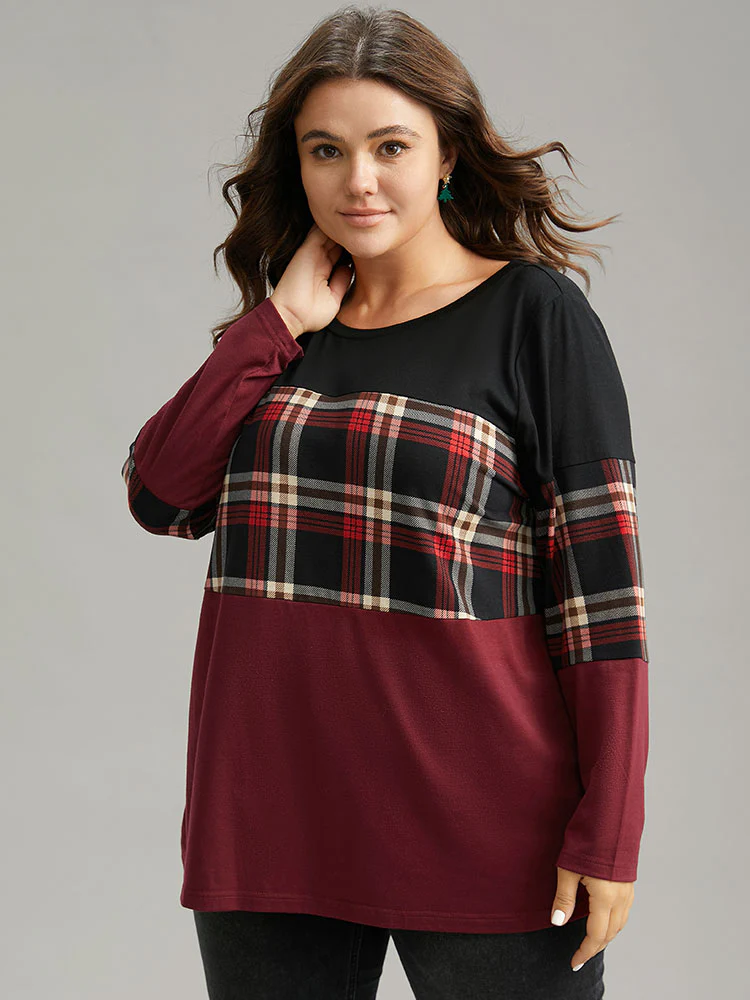Plaid Contrast Patchwork Round Neck T-shirt - Image 7