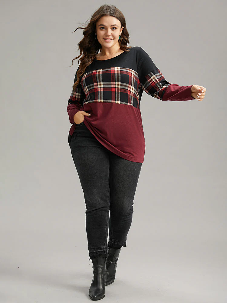 Plaid Contrast Patchwork Round Neck T-shirt - Image 8