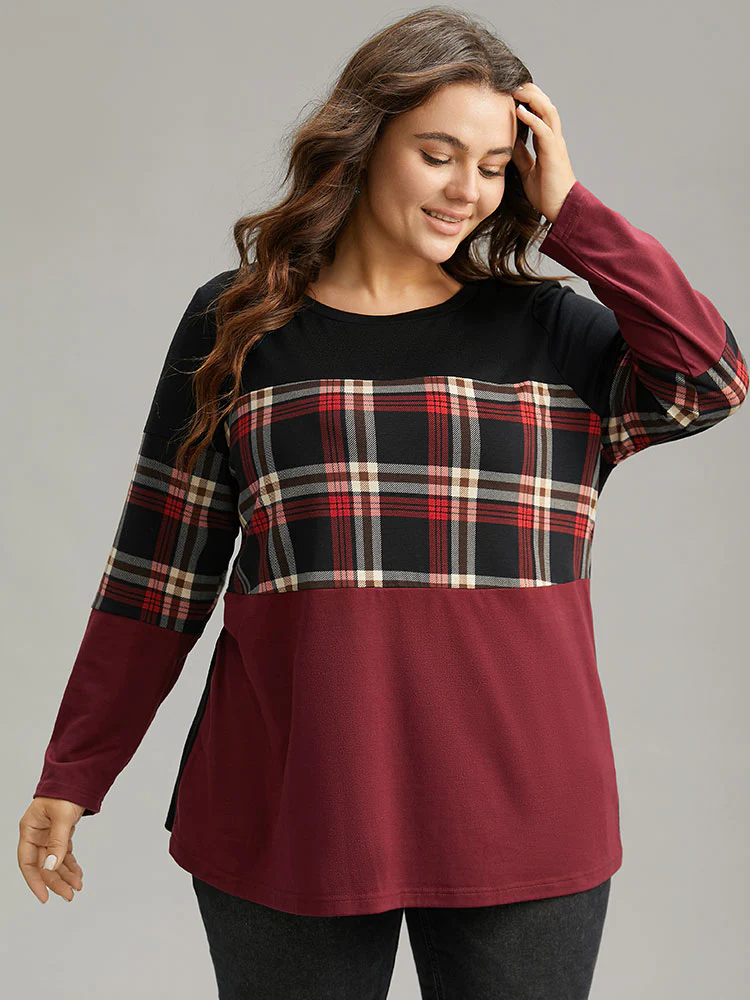 Plaid Contrast Patchwork Round Neck T-shirt - Image 9