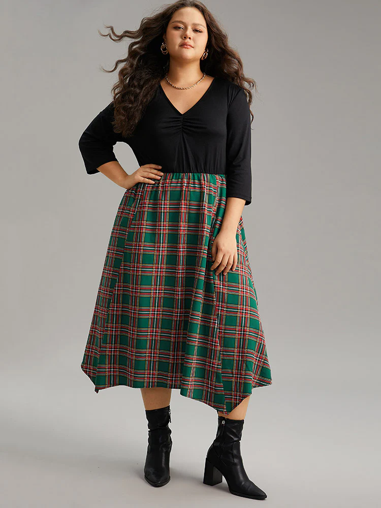 Plaid Contrast Patchwork Ruched Pocket Dress