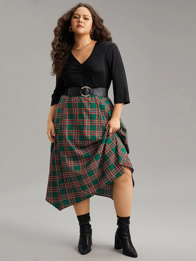 Plaid Contrast Patchwork Ruched Pocket Dress - Image 2