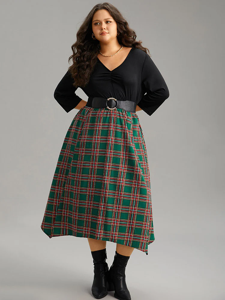 Plaid Contrast Patchwork Ruched Pocket Dress - Image 3