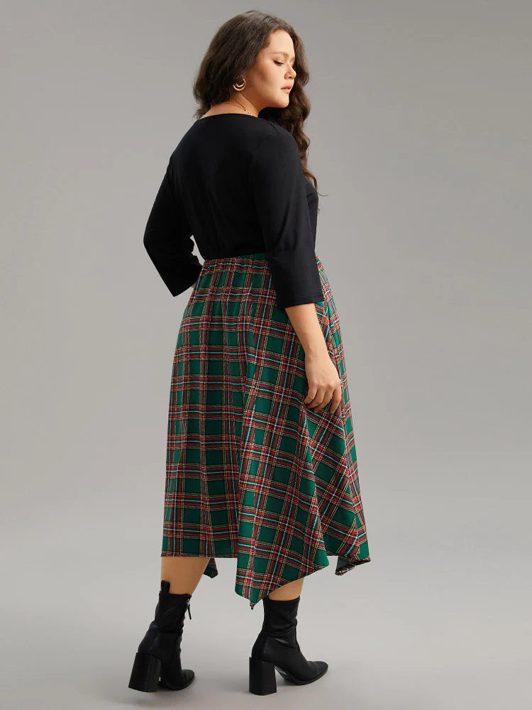 Plaid Contrast Patchwork Ruched Pocket Dress - Image 4