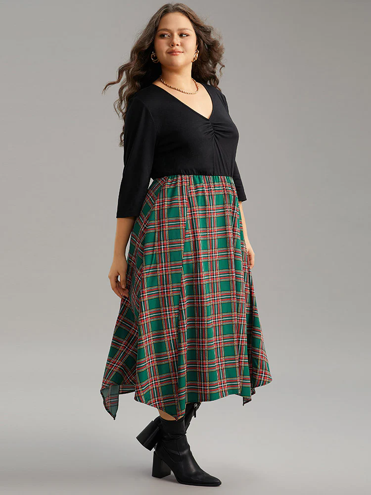 Plaid Contrast Patchwork Ruched Pocket Dress - Image 5