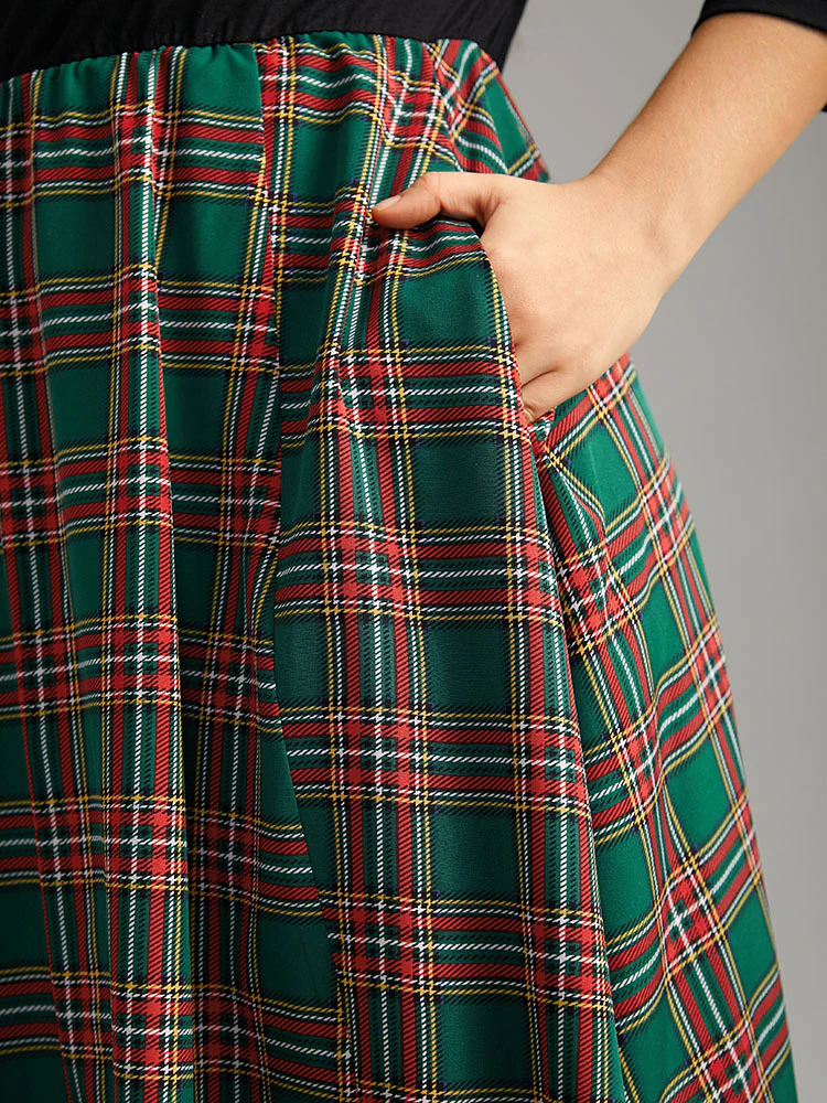 Plaid Contrast Patchwork Ruched Pocket Dress - Image 6