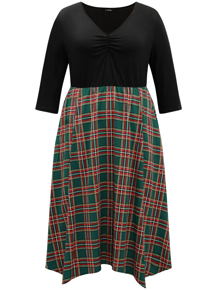 Plaid Contrast Patchwork Ruched Pocket Dress - Image 7