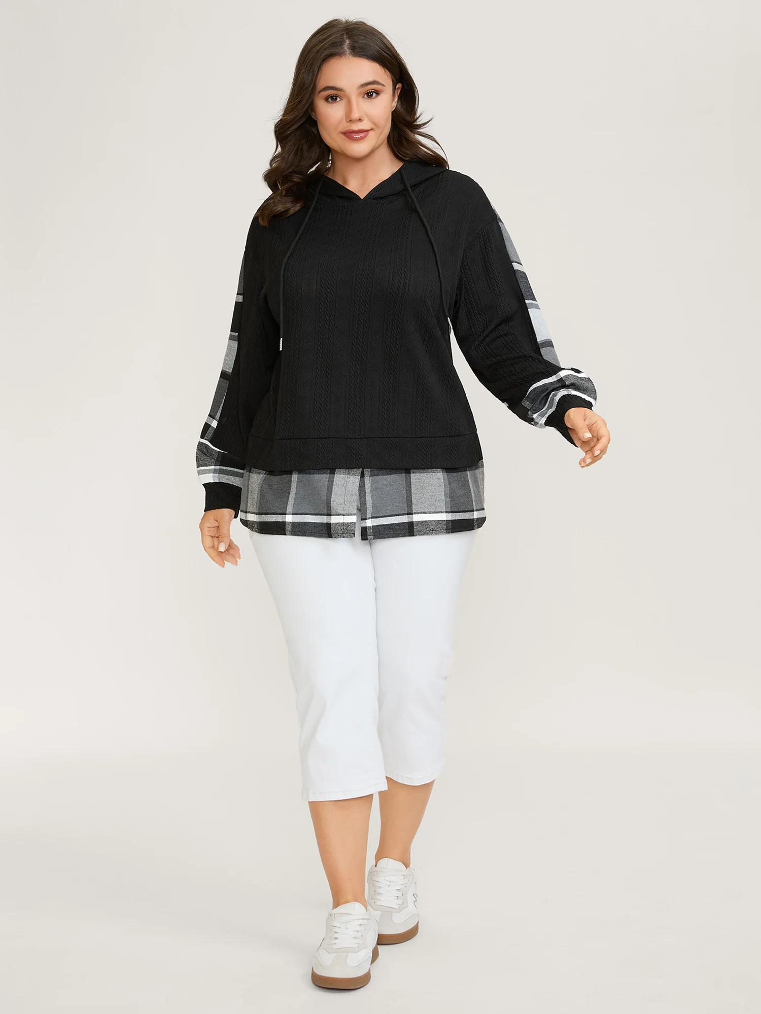 Plaid Contrast Print Relaxed-Fit Hoodie - Image 3