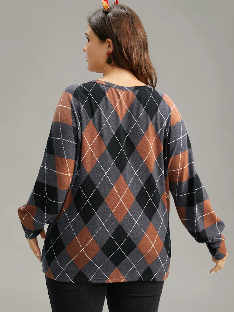 Plaid Contrast Round Neck Dolman Sleeve T-shirt - Image 2