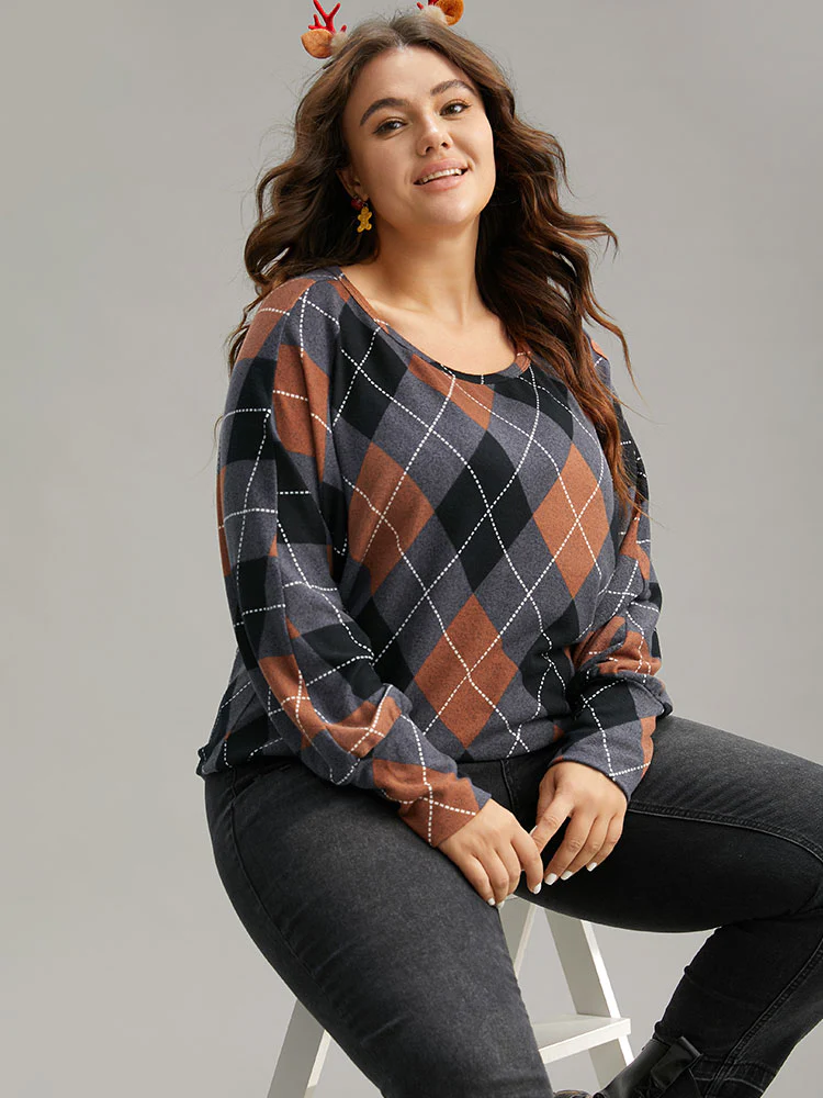 Plaid Contrast Round Neck Dolman Sleeve T-shirt - Image 3