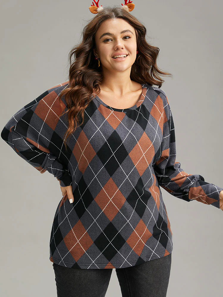 Plaid Contrast Round Neck Dolman Sleeve T-shirt - Image 5