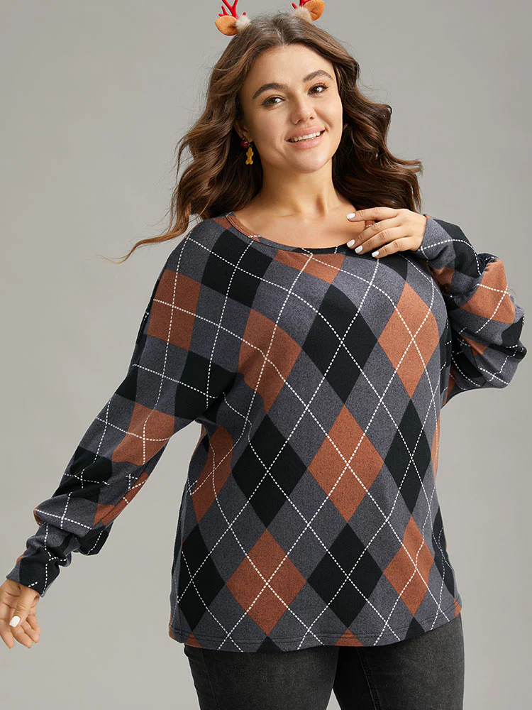 Plaid Contrast Round Neck Dolman Sleeve T-shirt - Image 6