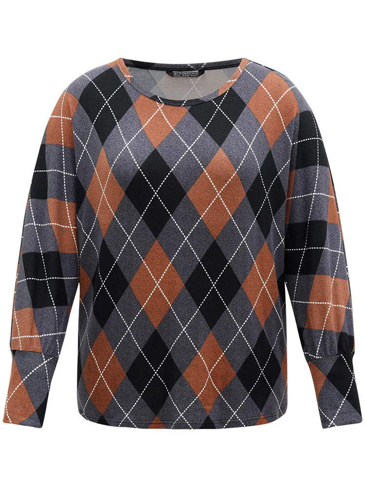Plaid Contrast Round Neck Dolman Sleeve T-shirt - Image 8