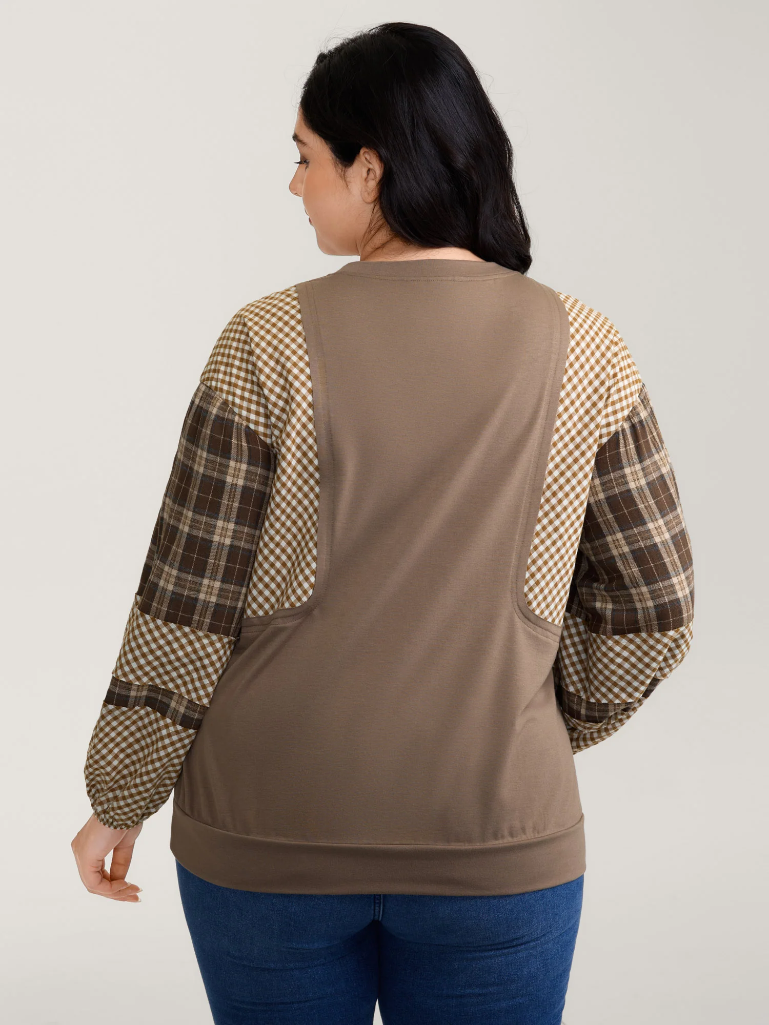 Plaid Contrast Sleeve Stretchy Hem Sweatshirt - Image 4