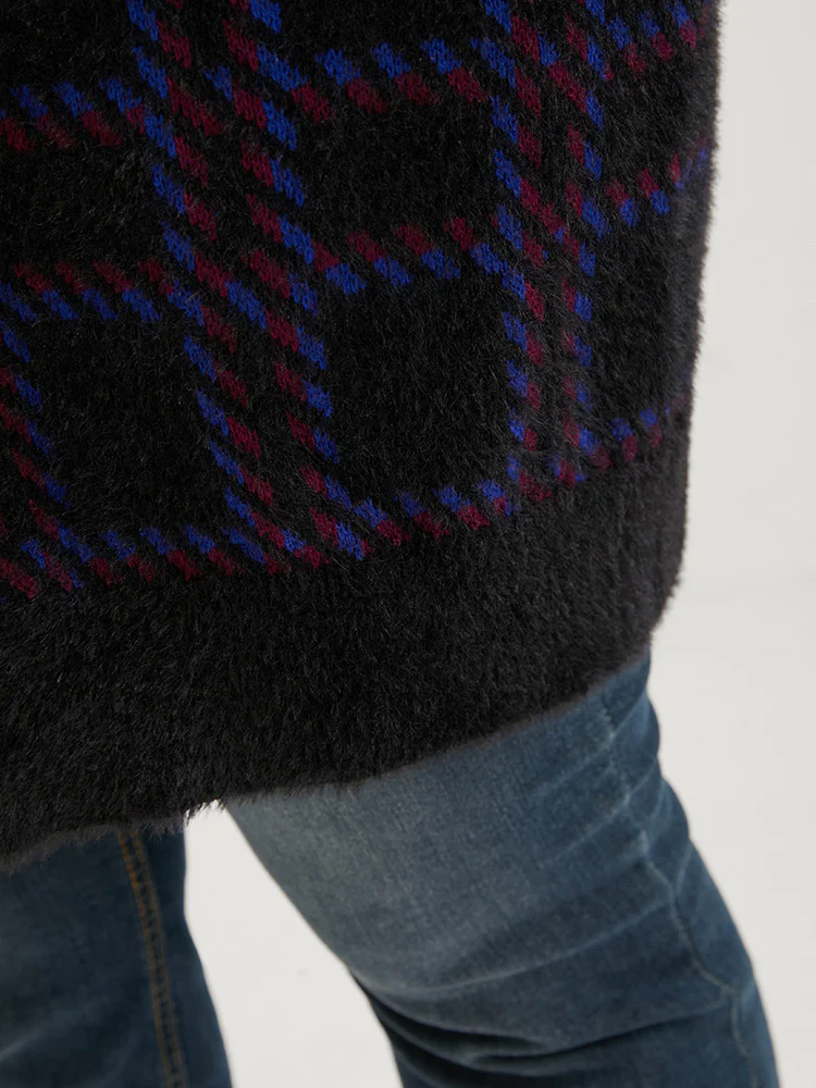 Plaid Contrast Soft Sexy Yarn Knit Fluffy Open Front Cardigan - Image 10
