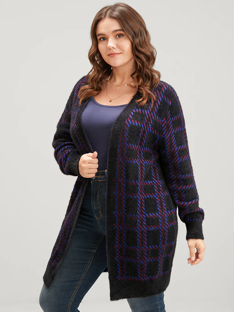 Plaid Contrast Soft Sexy Yarn Knit Fluffy Open Front Cardigan - Image 3