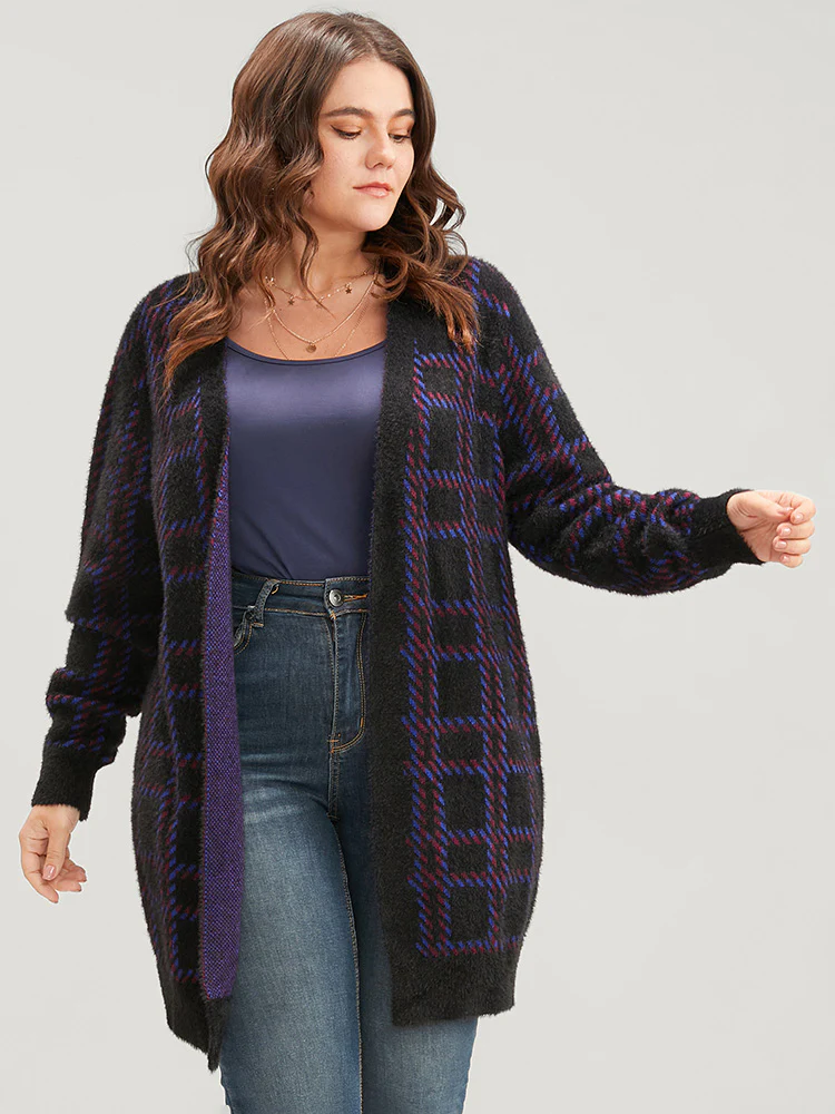 Plaid Contrast Soft Sexy Yarn Knit Fluffy Open Front Cardigan - Image 4