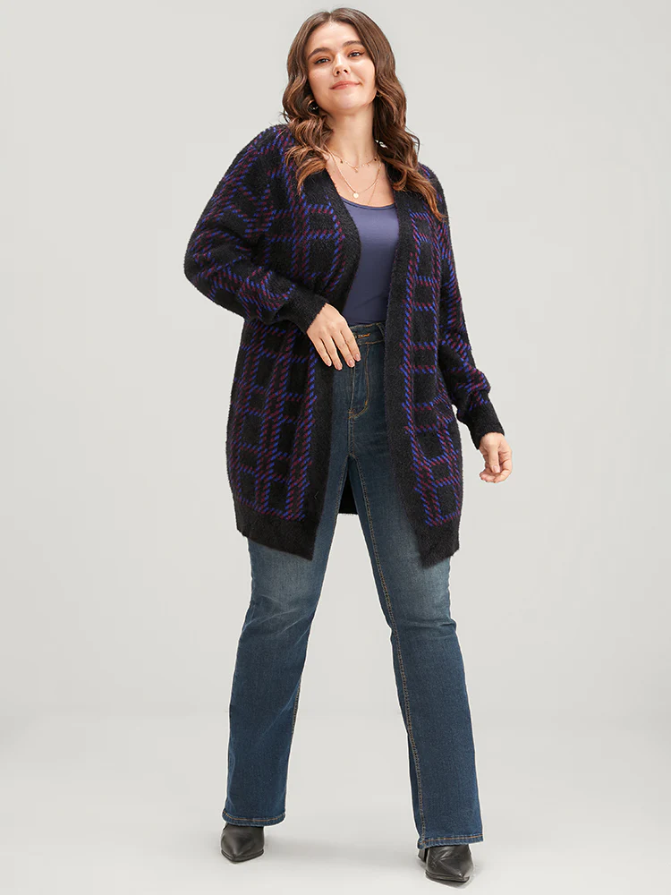 Plaid Contrast Soft Sexy Yarn Knit Fluffy Open Front Cardigan - Image 5