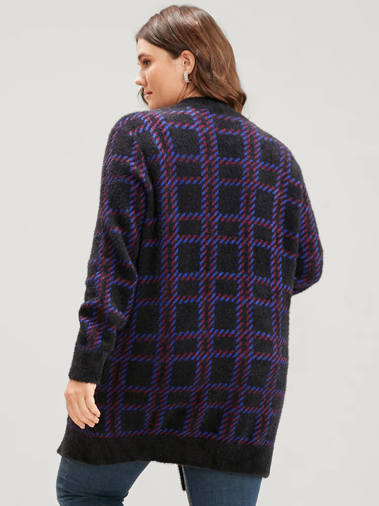 Plaid Contrast Soft Sexy Yarn Knit Fluffy Open Front Cardigan - Image 6