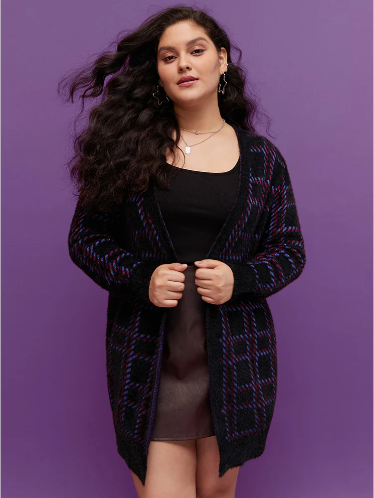 Plaid Contrast Soft Sexy Yarn Knit Fluffy Open Front Cardigan - Image 7
